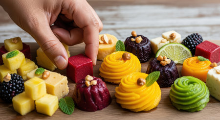 Colorful assortment of fruit-infused desserts with garnishes on wooden surfaceの素材