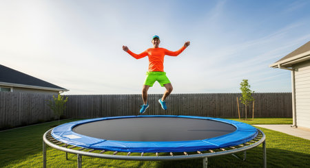 Caucasian young male in bright athletic wear jumping on backyard trampolineの素材
