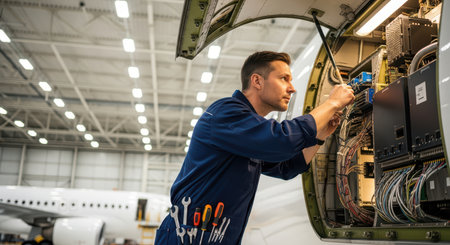 Caucasian male engineer performing maintenance on aircraft systems in hangarの素材
