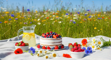 Summer picnic with cake and lemonade in a wildflower meadowの素材