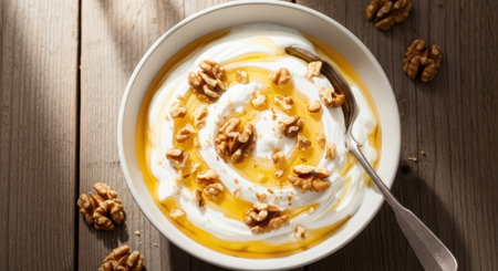Creamy yogurt with honey and walnuts on wooden tableの素材