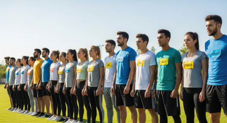 Diverse group of young adults in line outdoors with month-labelled shirtsの素材
