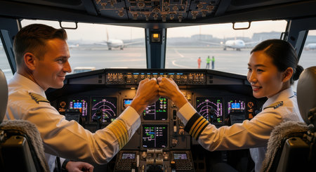 Male and female pilots celebrating teamwork in airplane cockpitの素材