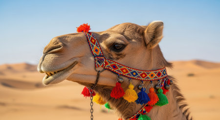 Decorated camel with colorful accents in desert environmentの素材