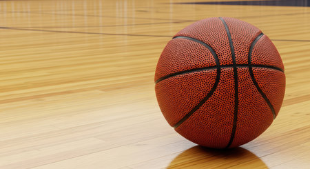 Basketball on wooden court ready for game playの素材