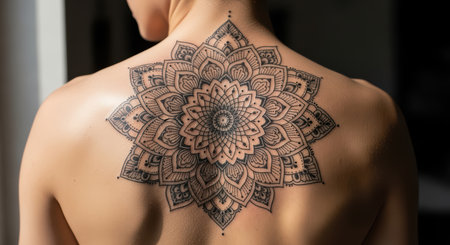 Intricate mandala tattoo on female's back showcasing detailed artistic designの素材
