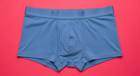 Blue men's boxer briefs on pink backgroundの素材