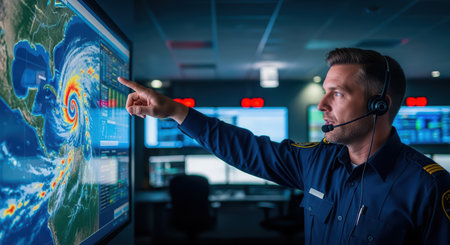 Caucasian male adult analyst examining hurricane data in control roomの素材