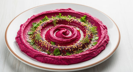 Vibrant beet hummus garnished with herbs and sesame seeds on a white plateの素材