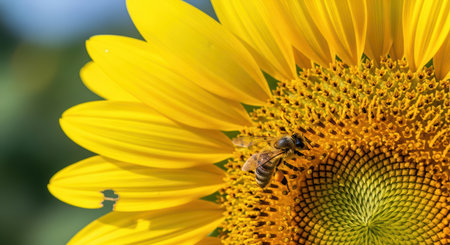 Bee pollinating vibrant sunflower under clear blue skyの素材