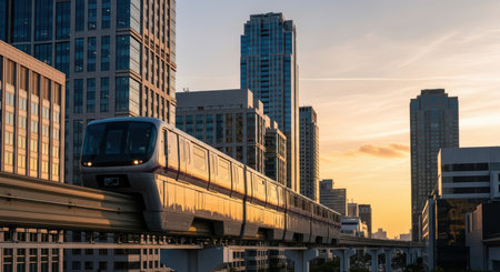 Modern elevated train passing through urban cityscape at sunsetの素材