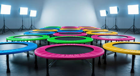 Colorful trampolines in studio with bright lighting and reflective floorの素材