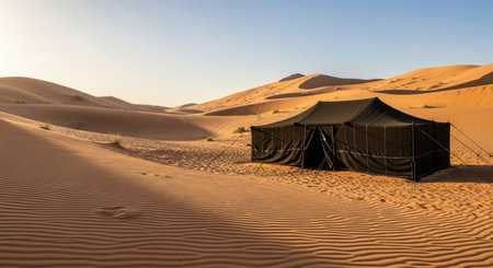 Desert tent in vast sand dunes at sunsetの素材