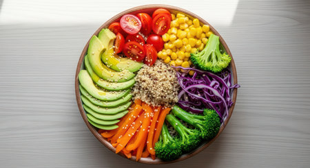 Colorful vegetable bowl with avocado, quinoa, and fresh vegetables in natural lightの素材