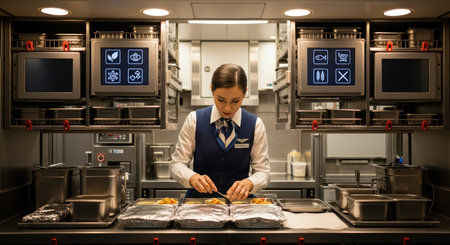 Female asian adult flight attendant preparing meals in airplane kitchenの素材
