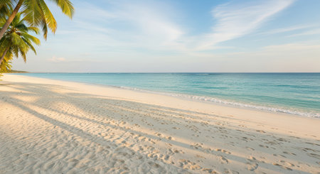 Tropical beach with palm trees and tranquil ocean waves under blue skyの素材
