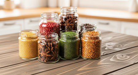 Assorted spices in glass jars on wooden kitchen tableの素材