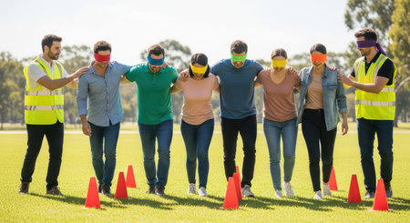 Diverse group of adults participating in team-building activity outdoorsの素材