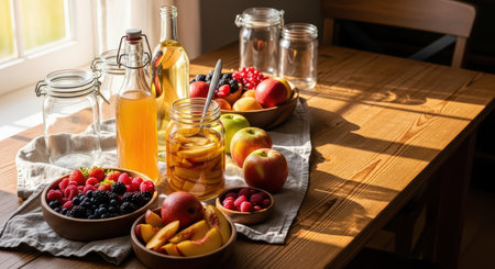 Sunlit kitchen table with fresh fruit, apple slices, and assorted berries jarsの素材
