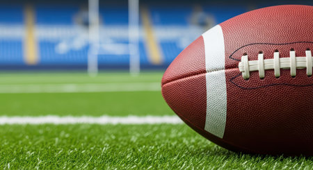 American football on field: close-up of ball on stadium turfの素材