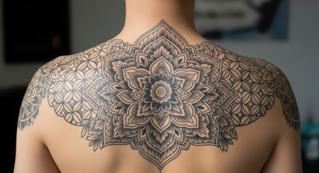 Intricate mandala tattoo on female's back displaying detailed floral patternsの素材