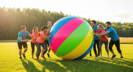 Diverse group of adults playing with giant beach ball outdoors in sunny parkの素材