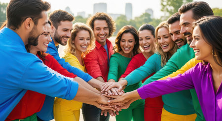 Diverse group of young adults in colorful clothing celebrating unity outdoorsの素材