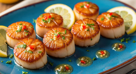 Seared scallops with lemons and herb garnish on blue plateの素材