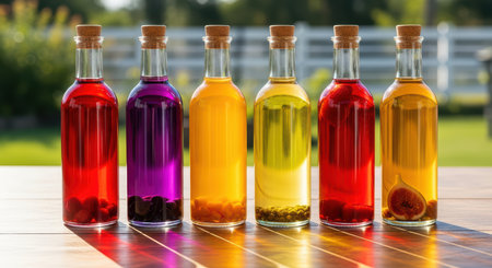 Vibrant infused liquors in clear glass bottles with fresh fruits on sunny dayの素材