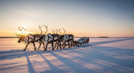 Reindeer sled in snowy landscape at sunset with long shadowsの素材