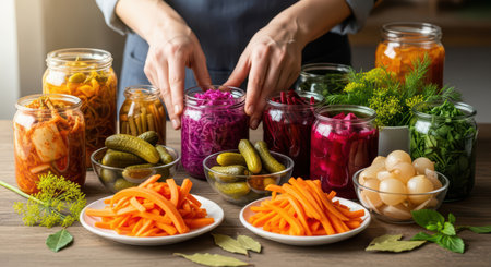 Female preparing colorful pickled vegetables with various jars and fresh ingredientsの素材