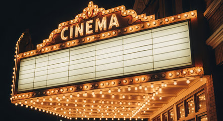 Vintage cinema marquee with illuminated lights at nightの素材