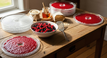 Homemade berry fruit leather drying on dehydrator trays in sunlit kitchenの素材