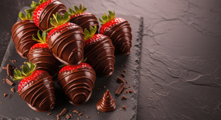 Chocolate-covered strawberries on slate with chocolate shavingsの素材