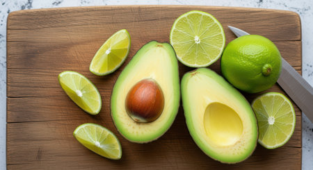 Fresh avocado and limes on wooden cutting board with knifeの素材