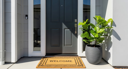 Modern home entrance with welcome mat and potted plant by dark doorの素材