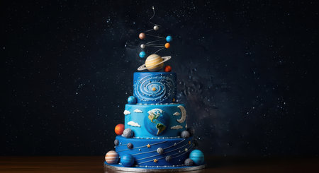 Solar system themed cake with planets and galaxy decorations on blue backgroundの素材