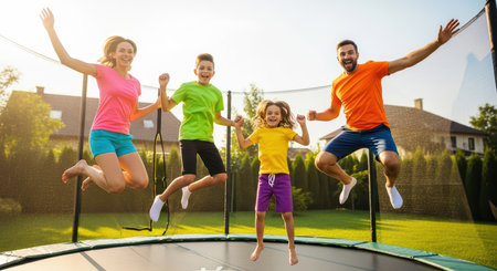 Happy family jumping on trampoline in sunny backyardの素材