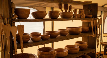 Rustic wooden kitchenware display on wooden shelves in cozy tent interiorの素材
