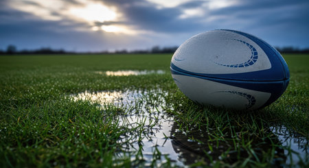 Rugby ball resting on wet grass field under dramatic sky at sunsetの素材