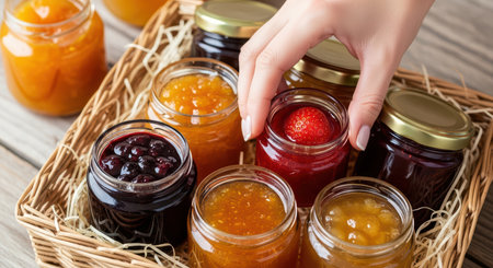 Selection of assorted fruit jams in glass jars with hand pickingの素材