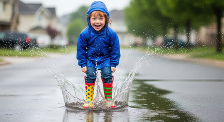 Joyful caucasian child jumping in puddle on rainy day in colorful bootsの素材