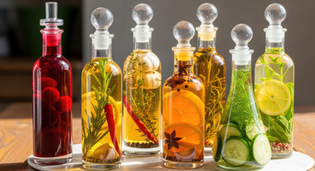 Assorted infused oils with fruits and herbs in elegant glass bottles on wooden tableの素材