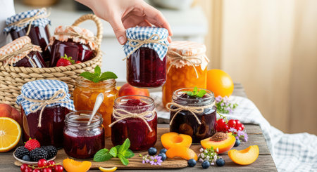 Handmade fruit jams in glass jars on rustic wooden table with fresh seasonal fruitsの素材