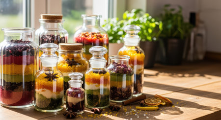 Colorful layered spice jars with herbs and dried citrus in sunlit kitchenの素材