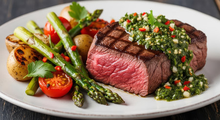 Grilled steak with chimichurri, asparagus, and potatoes on white plateの素材
