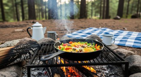 Vegetable skillet on campfire with coffee pot and picnic blanket in forest settingの素材