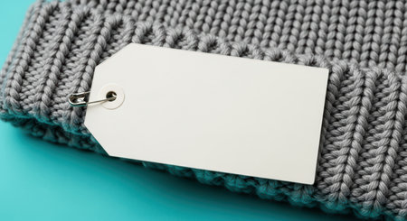 Blank tag on gray knit fabric background with safety pin on blue surfaceの素材