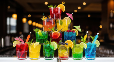 Colorful pyramid of refreshing fruit cocktails with umbrellas and garnishesの素材