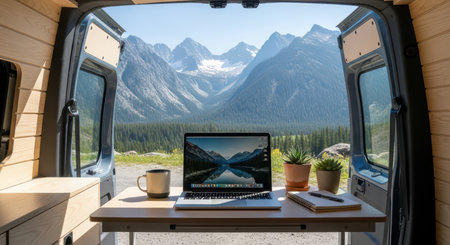 Remote work setup in camper van with mountain view and modern technologyの素材